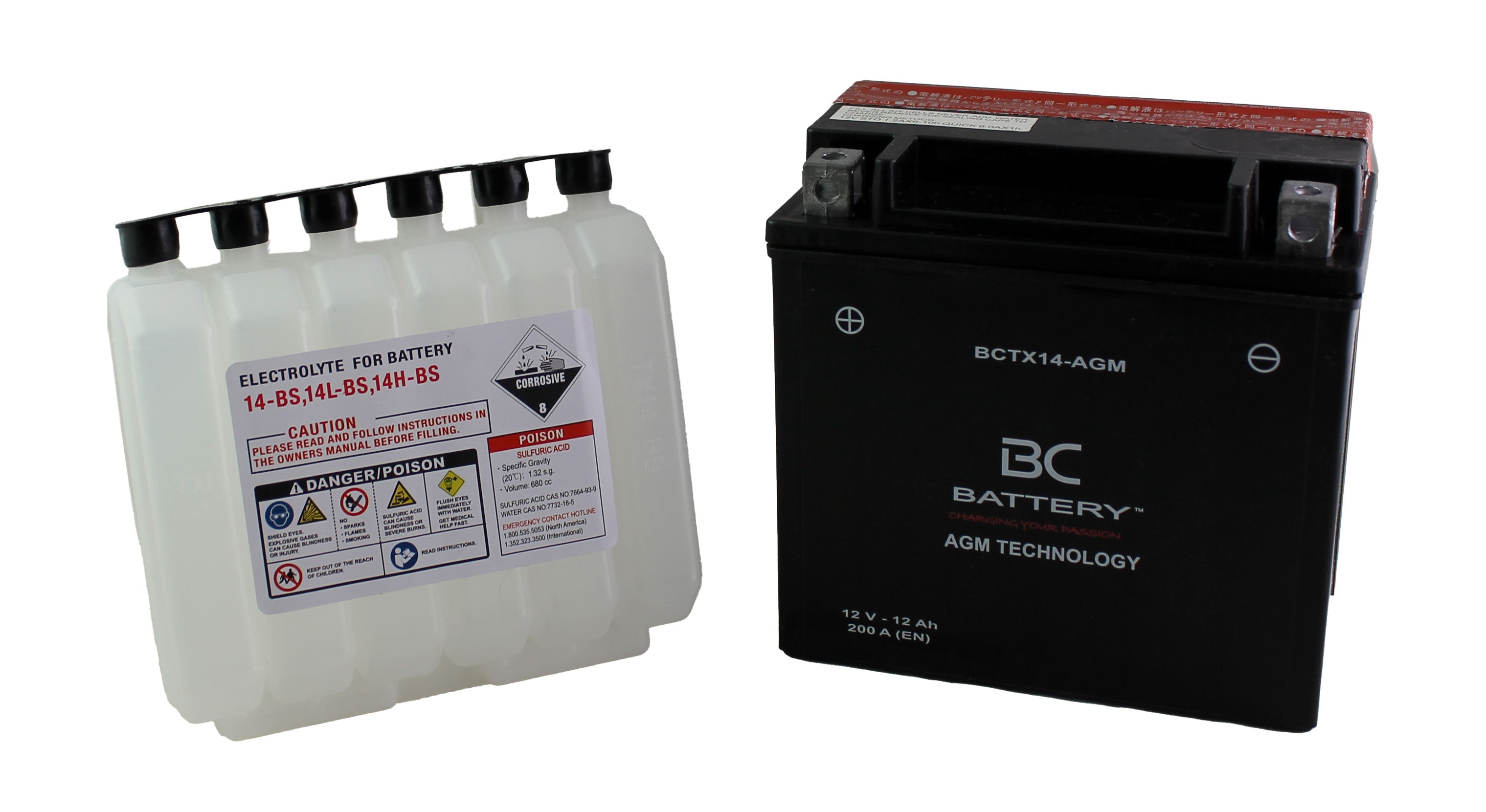 BCTX14-AGM | AGM-Motorradbatterie, YTX14-BS, 12 V, 12 Ah, CCA: 200 Ampere, 150 x 87 x 146 mm