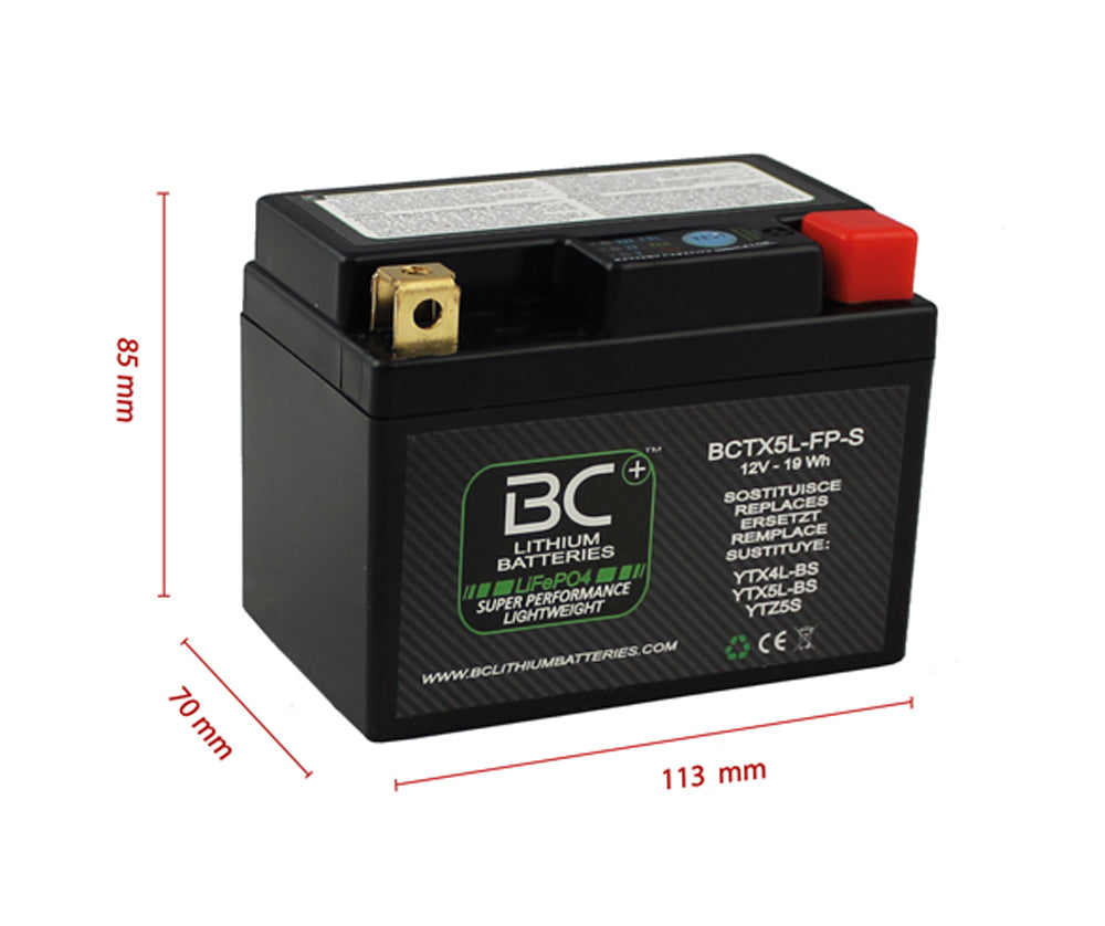 BC Lithium Batteries BCTX5L-FP Batteria Moto al Litio LiFePO4, 0,5 kg, 12V, HJTX5L-FP-S / YTX4L-BS / YTX5L-BS / YTZ5S - BC Battery Italian Official Website